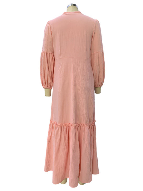 Back view of pink puff sleeve bohemian dress