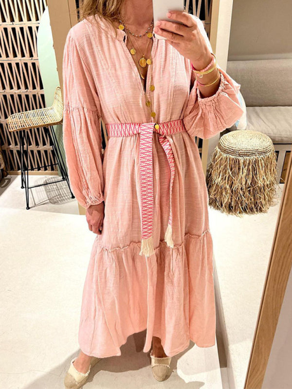 Pink bohemian dress with belt and puff sleeves