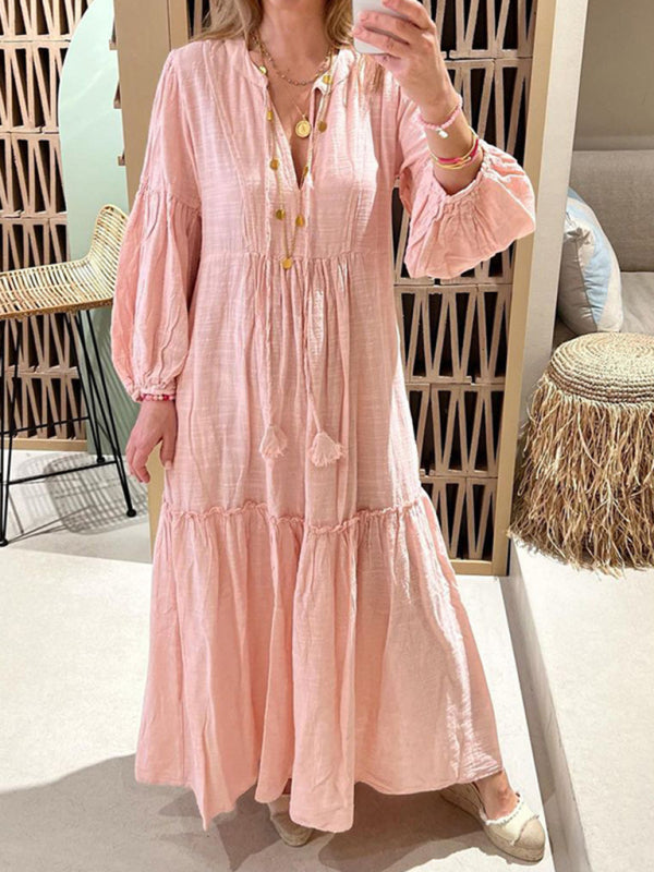 Pink V-neck puff sleeve bohemian dress with tassels