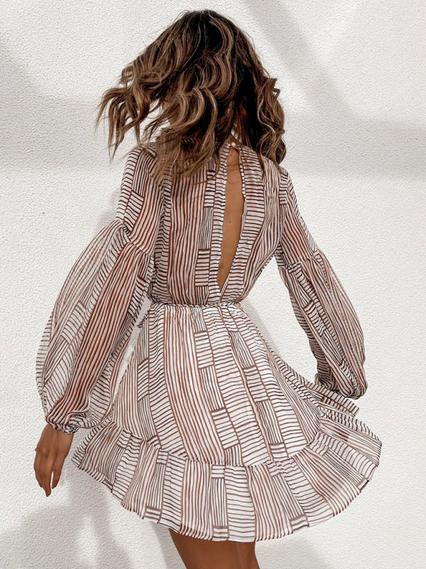 Back view of striped V-neck dress with ruffle hem