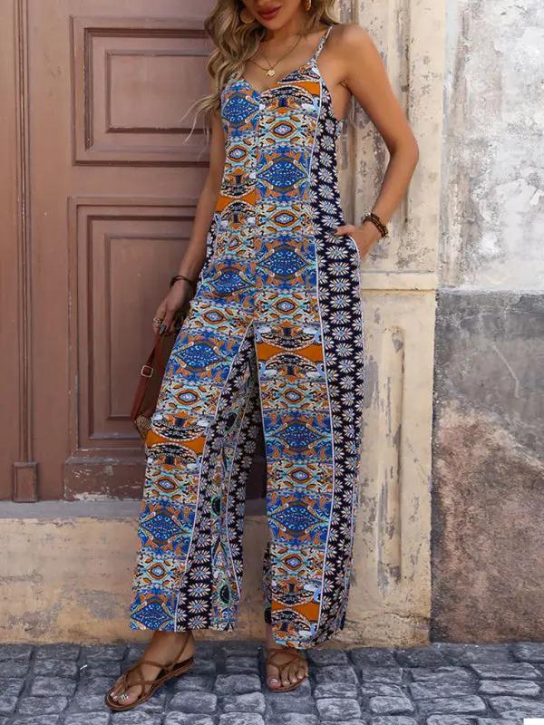 Printed wide-leg jumpsuit with ethnic style and suspenders