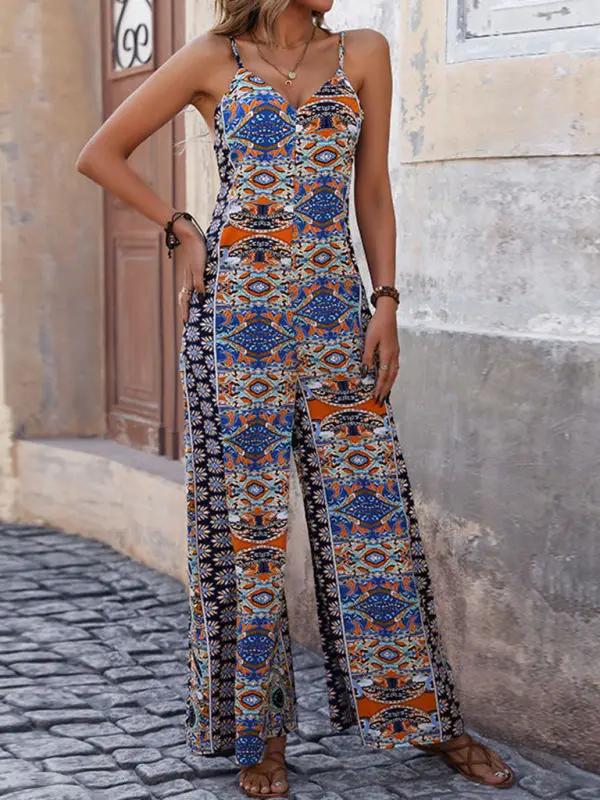 Colorful printed jumpsuit with suspenders and wide legs