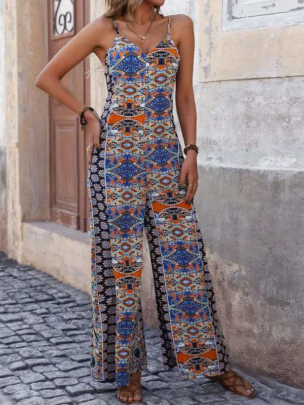 Wide-leg ethnic style jumpsuit with vibrant print