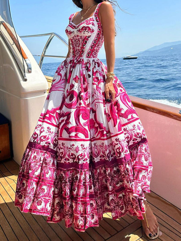 Robe trapèze à taille sans manches imprimée élégante