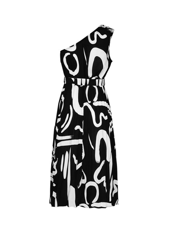 One-shoulder black and white letter print dress