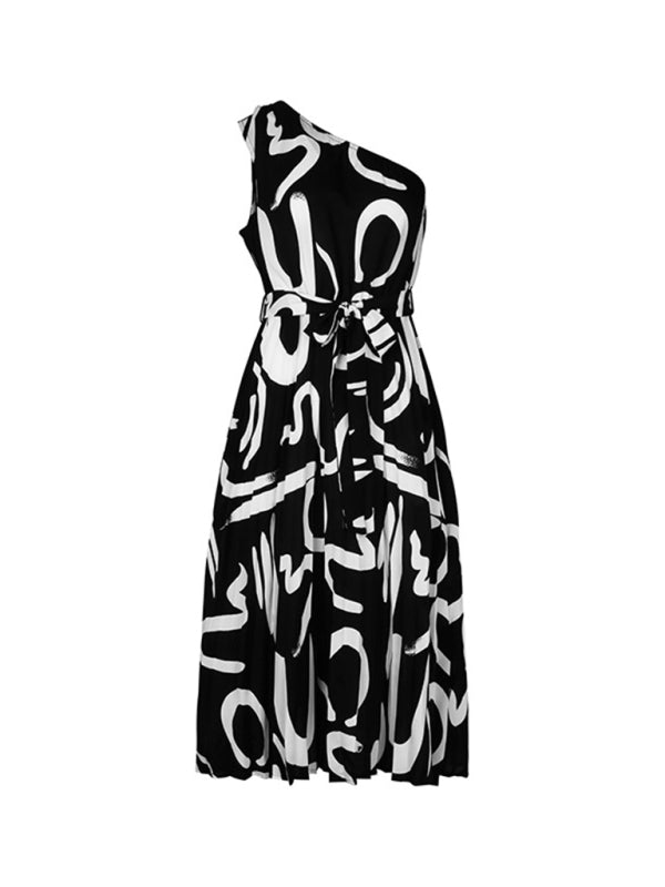 Side view of black and white letter print dress
