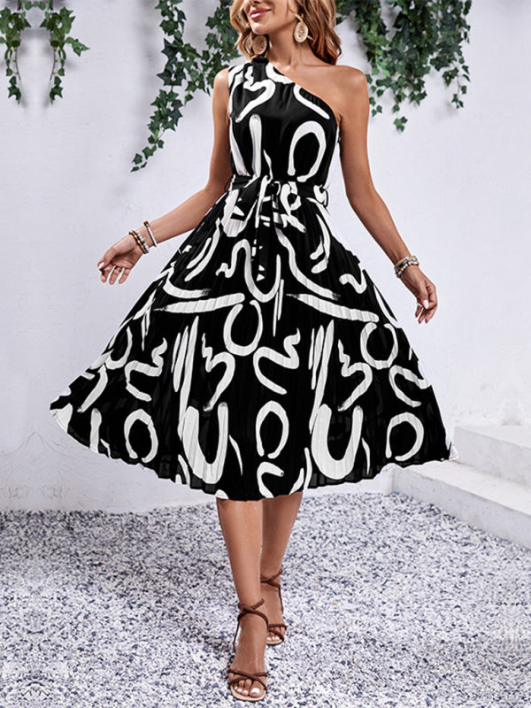Model wearing black and white letter print off-shoulder dress