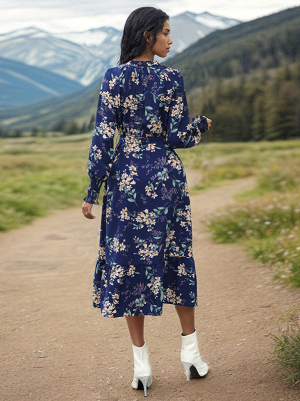 Nouvelle robe à imprimé floral à manches longues pour femmes