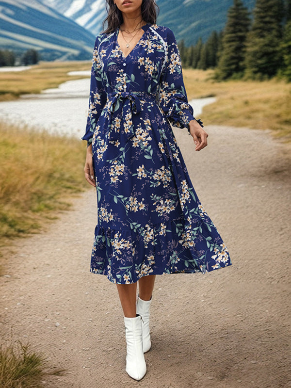 Nouvelle robe à imprimé floral à manches longues pour femmes