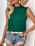 Green sleeveless top with denim shorts, front view