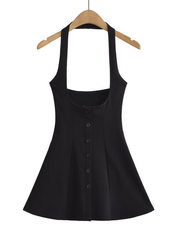 Black halterneck high-waisted umbrella skirt on hanger