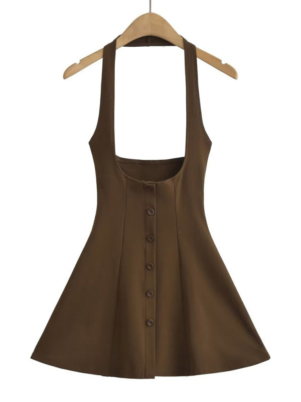 Brown halterneck high-waisted umbrella skirt on hanger