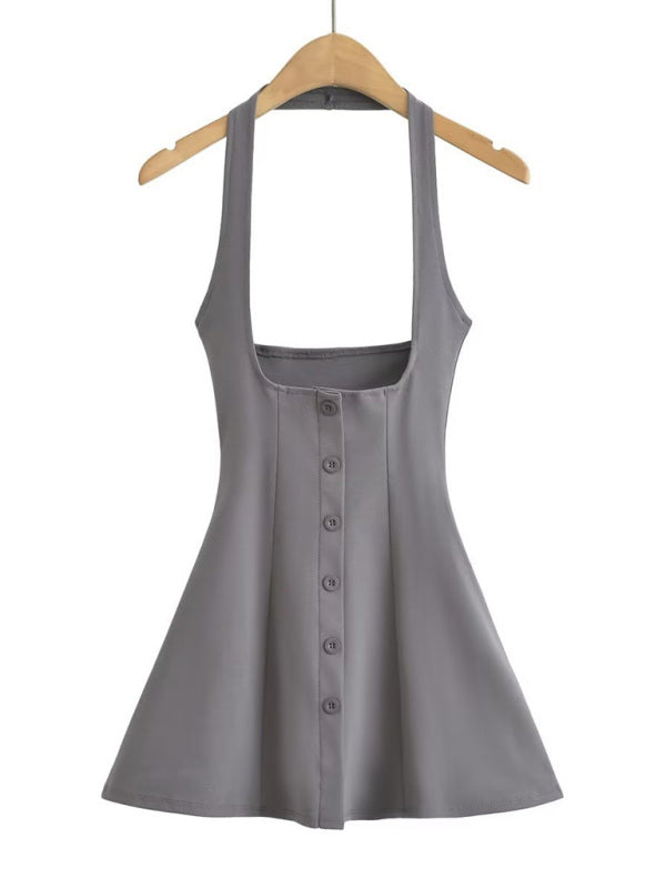 Gray halterneck high-waisted umbrella skirt on hanger