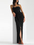 Black halterneck pleated slit dress with lace-up style
