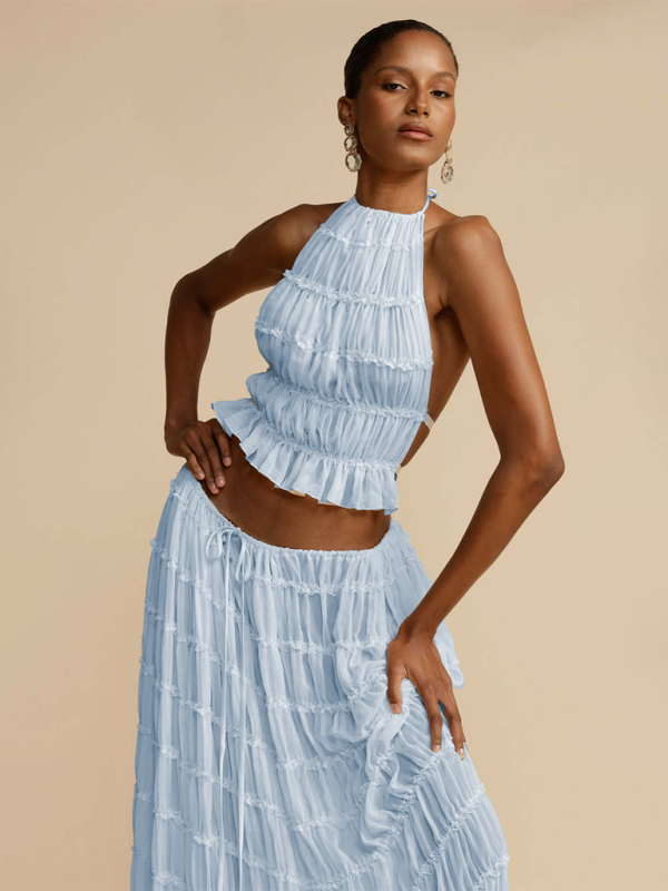 Rückenfreies Neckholder-Top-Set mit Schnürung und zweiteiliger langer Chiffon-Plissee-Rock mit Ohrringen