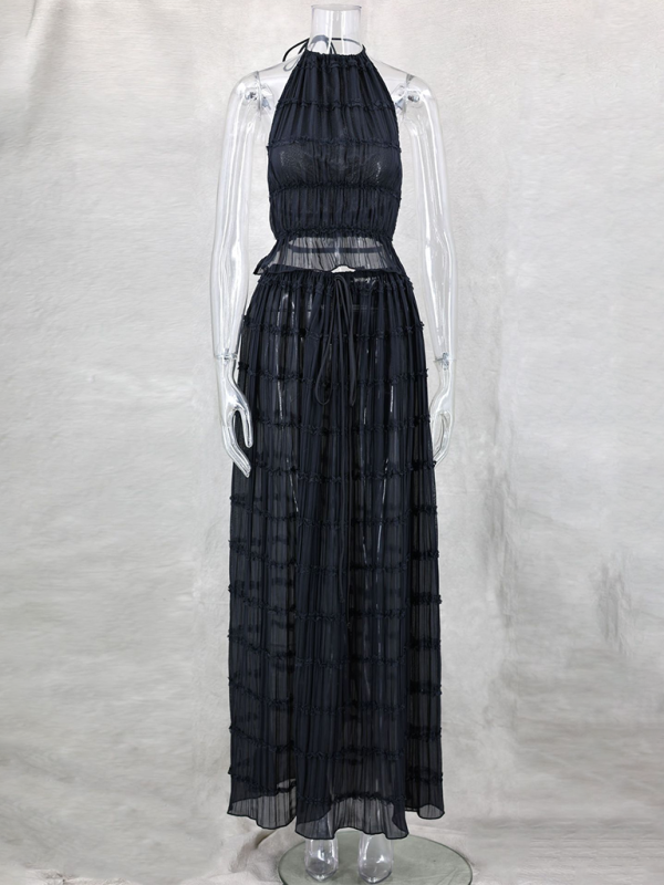 Rückenfreies Neckholder-Top-Set mit Schnürung und zweiteiliger langer Chiffon-Plissee-Rock mit Ohrringen
