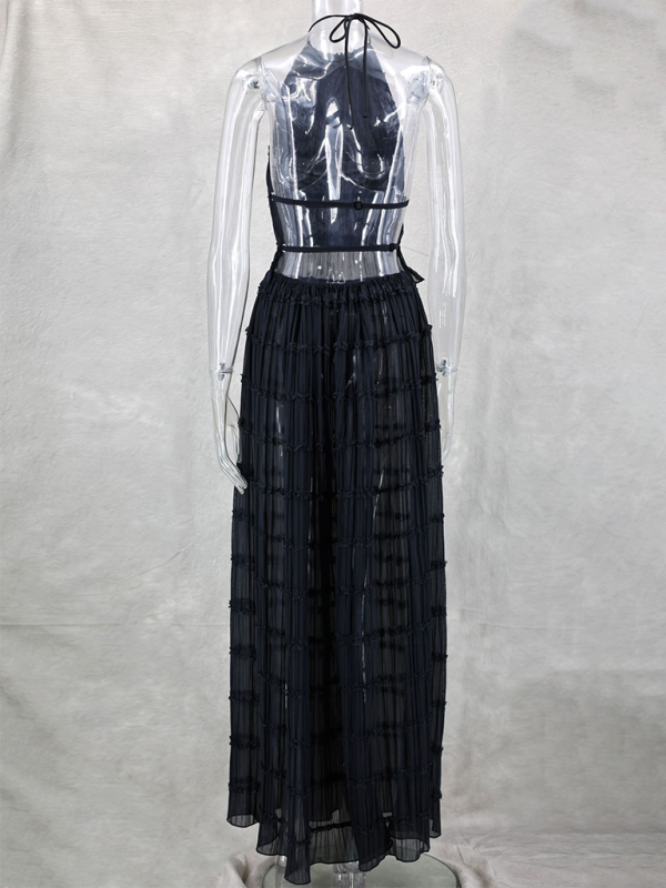 Rückenfreies Neckholder-Top-Set mit Schnürung und zweiteiliger langer Chiffon-Plissee-Rock mit Ohrringen
