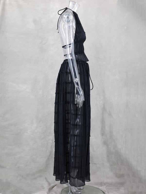Rückenfreies Neckholder-Top-Set mit Schnürung und zweiteiliger langer Chiffon-Plissee-Rock mit Ohrringen