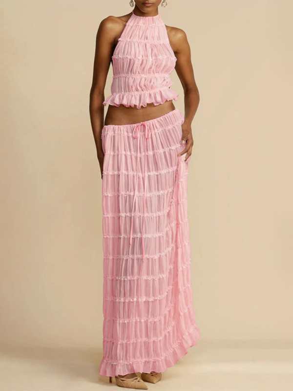 Rückenfreies Neckholder-Top-Set mit Schnürung und zweiteiliger langer Chiffon-Plissee-Rock mit Ohrringen
