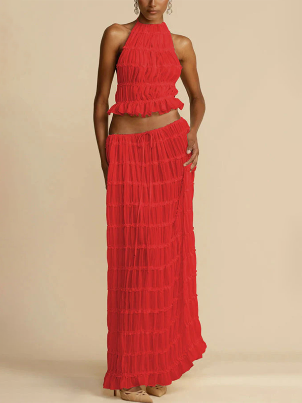 Rückenfreies Neckholder-Top-Set mit Schnürung und zweiteiliger langer Chiffon-Plissee-Rock mit Ohrringen