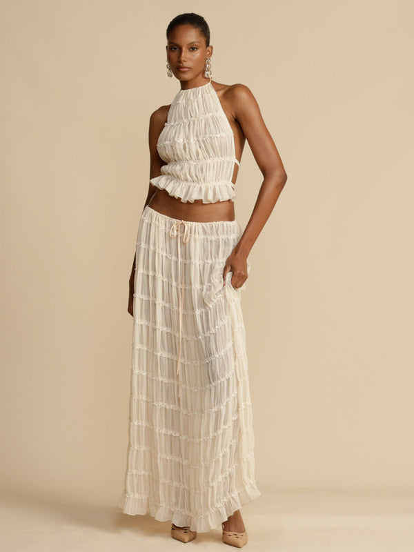 Rückenfreies Neckholder-Top-Set mit Schnürung und zweiteiliger langer Chiffon-Plissee-Rock mit Ohrringen