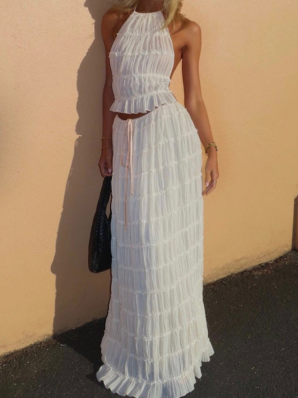 Rückenfreies Neckholder-Top-Set mit Schnürung und zweiteiliger langer Chiffon-Plissee-Rock mit Ohrringen