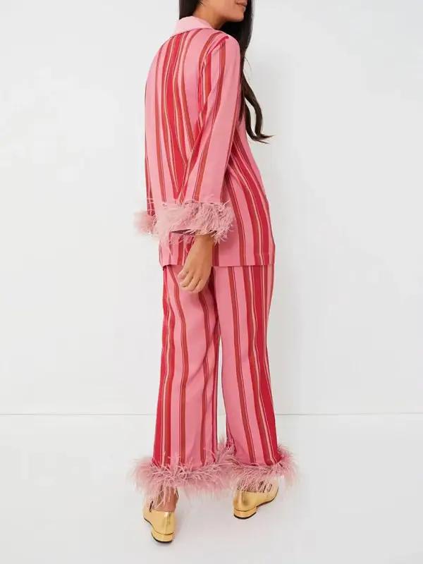 Back view of pink striped pajamas with feather trim