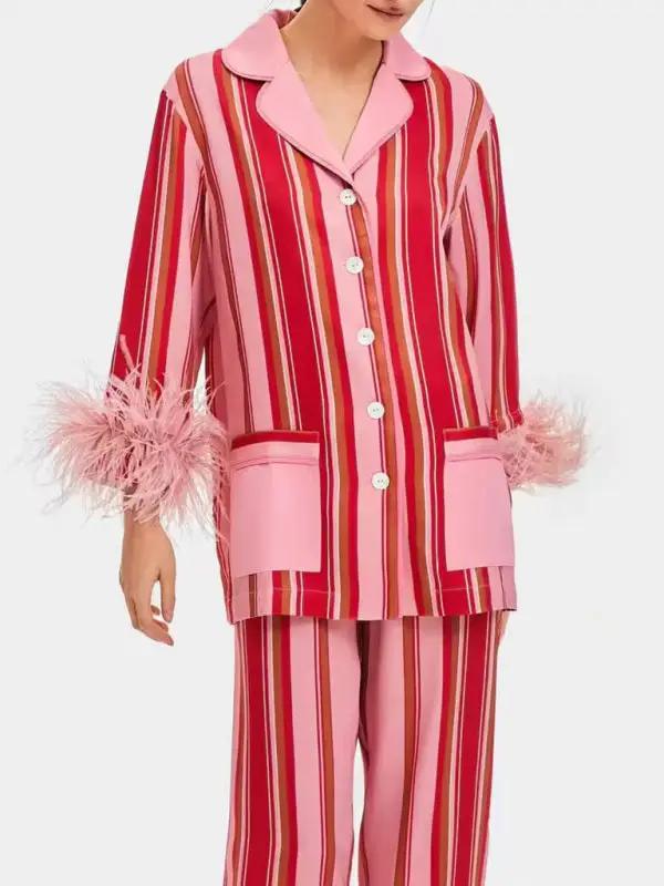 Pink striped pajama set with feather cuffs, front view