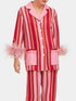 Pink striped pajama set with feather cuffs, front view