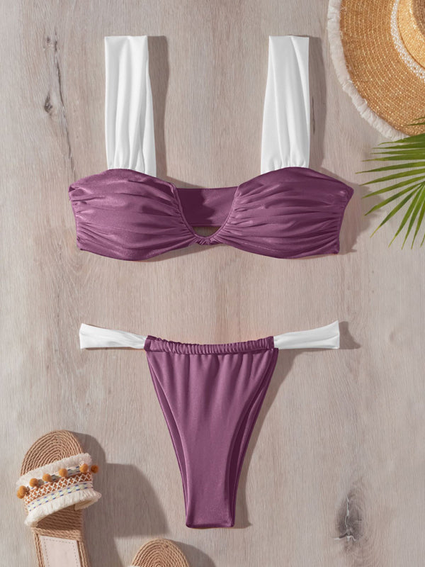 Nouveau bikini sexy couleur unie push up V maillot de bain plissé