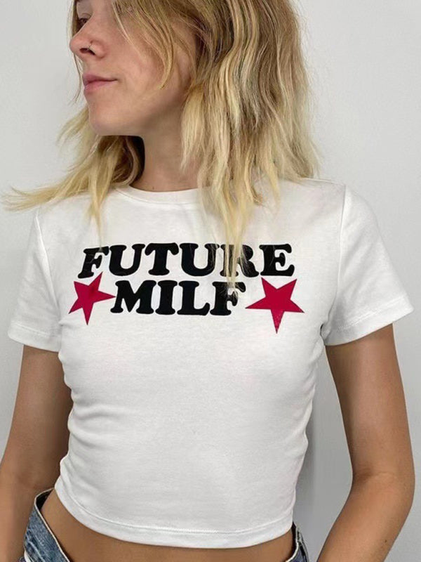 T-Shirt imprimé avec lettrage court et serré pour femmes, haut tendance pour filles