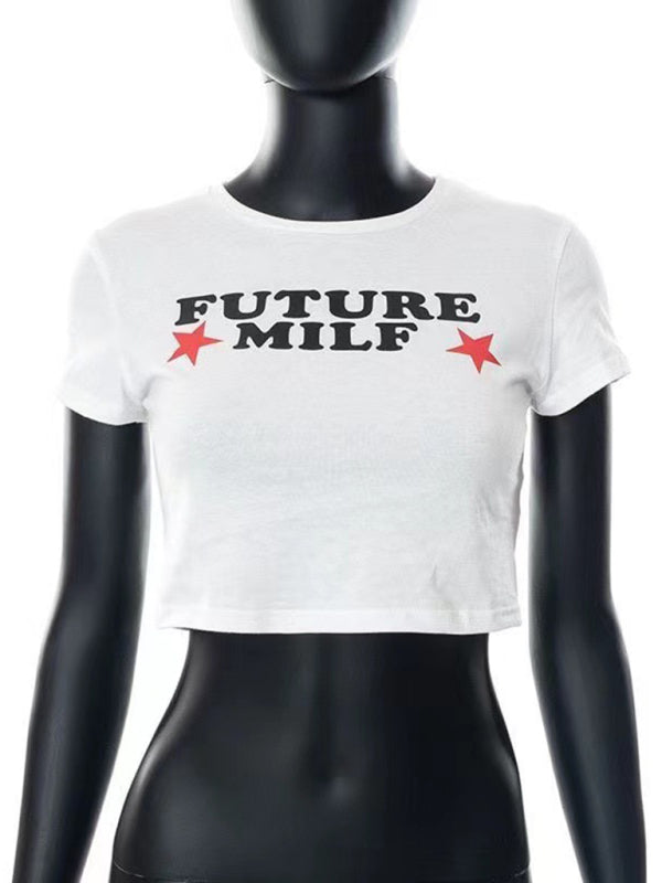 T-Shirt imprimé avec lettrage court et serré pour femmes, haut tendance pour filles