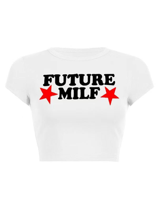 T-Shirt imprimé avec lettrage court et serré pour femmes, haut tendance pour filles