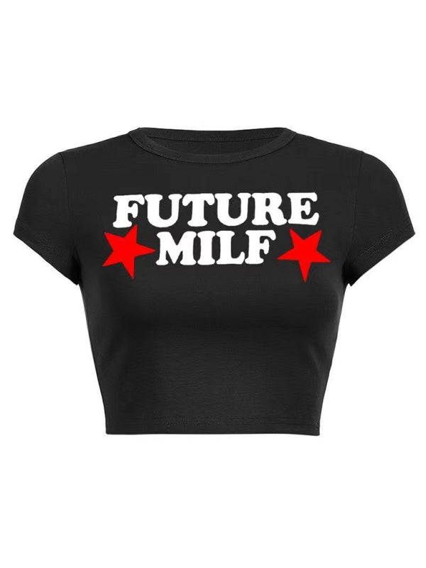T-Shirt imprimé avec lettrage court et serré pour femmes, haut tendance pour filles