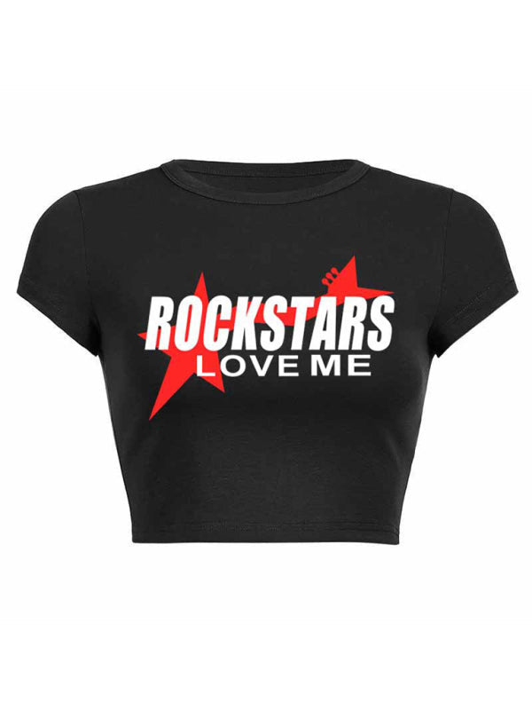 T-Shirt imprimé avec lettrage court et serré pour femmes, haut tendance pour filles