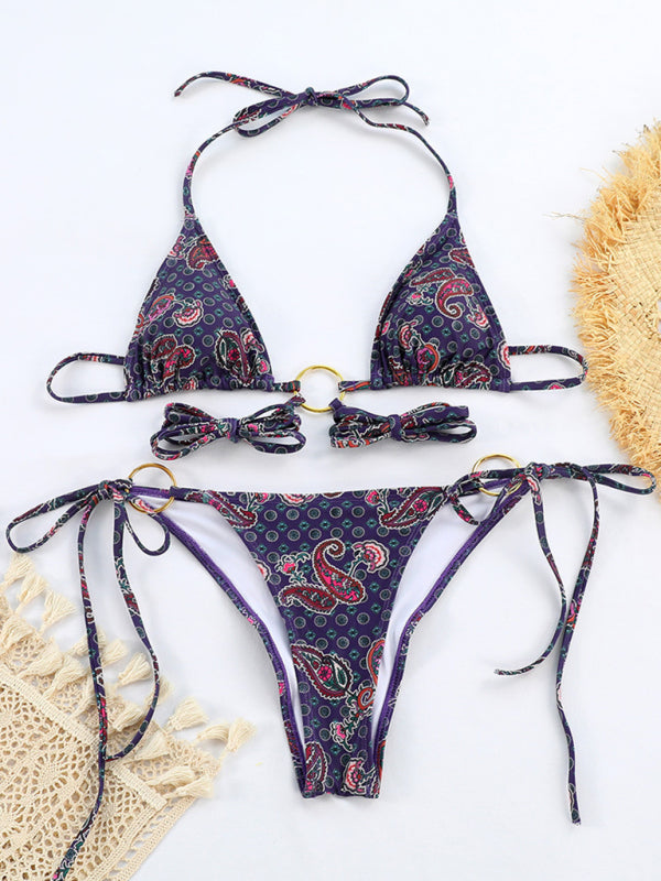Printed bikini set with metal rings and strappy design
