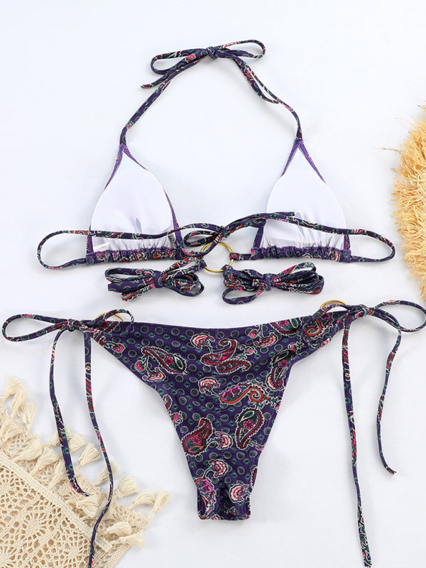 Full view of printed strappy split bikini set