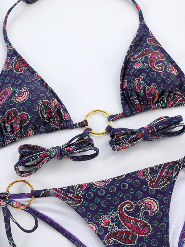 Printed bikini top with metal ring detail