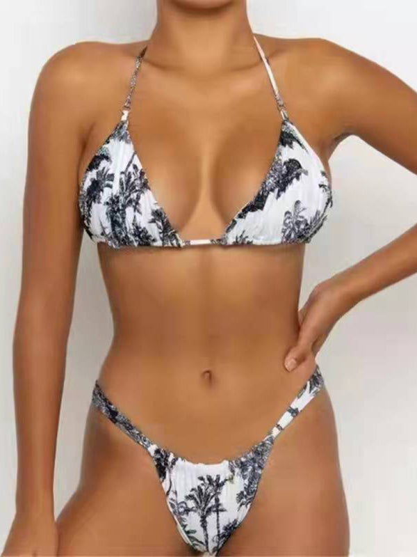 Palm print strappy padded push up bikini