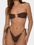 Brown bandeau bikini with strappy split design, front view