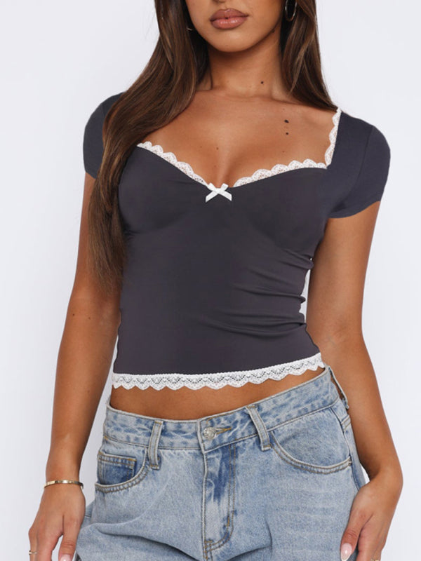 T-shirt à manches courtes avec ourlet en dentelle et nœud, nouvelle collection printemps et été