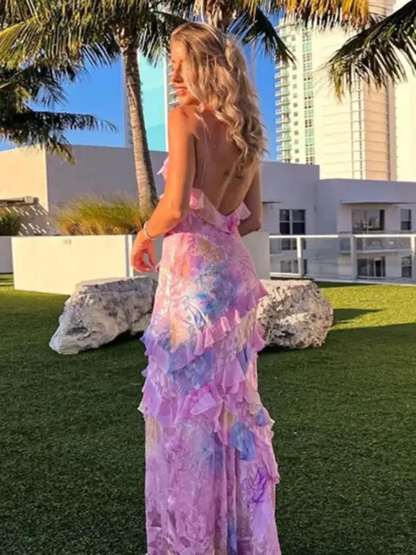Back view of wavy edge suspender dress outdoors