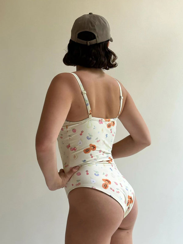 Back view of colorful printed backless sports swimsuit
