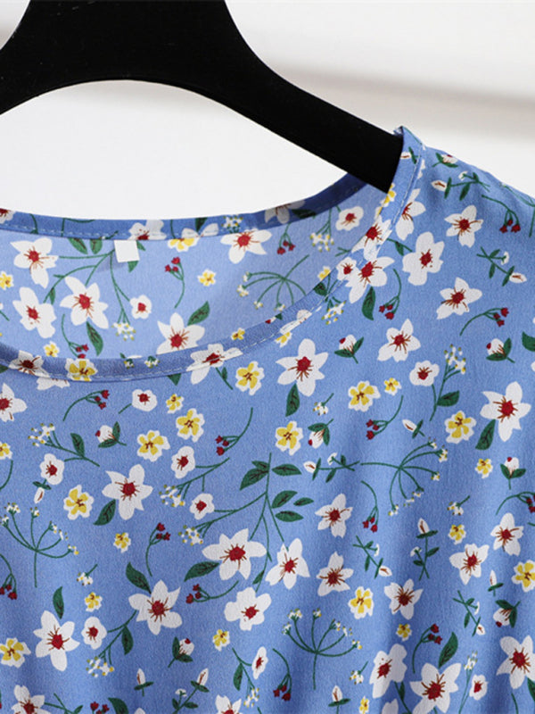 Robe longue en mousseline de soie florale, manches longues, col rond, taille amincissante