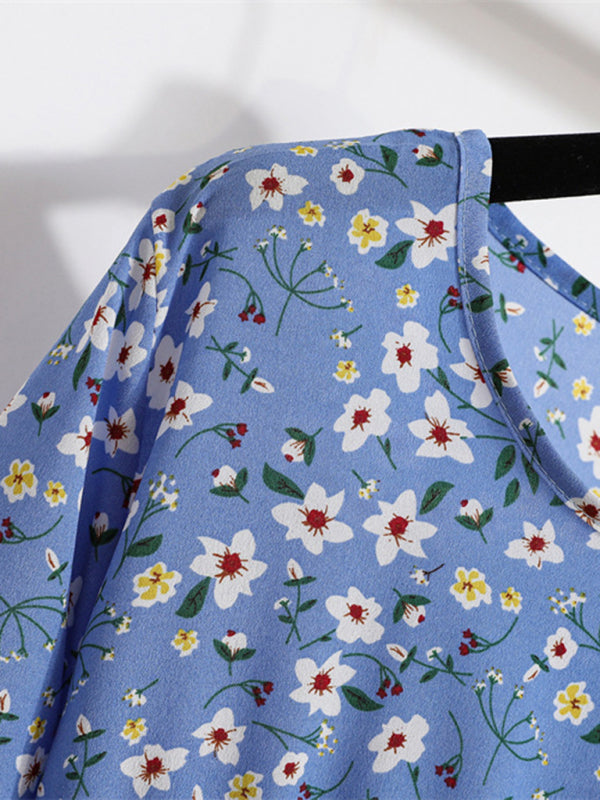 Robe longue en mousseline de soie florale, manches longues, col rond, taille amincissante