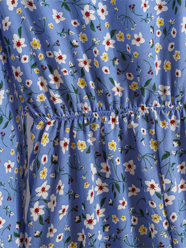 Robe longue en mousseline de soie florale, manches longues, col rond, taille amincissante