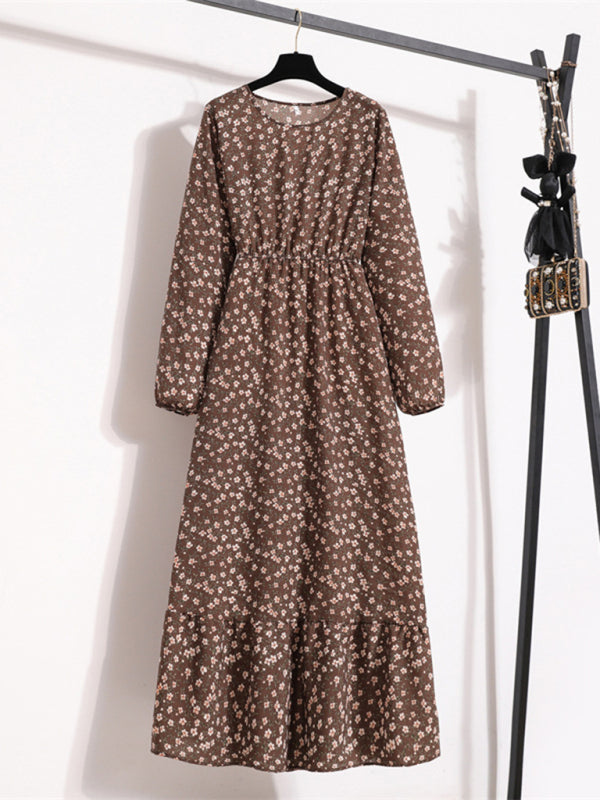 Robe longue en mousseline de soie florale, manches longues, col rond, taille amincissante