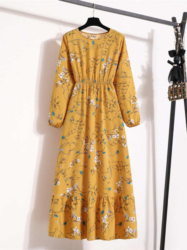 Robe longue en mousseline de soie florale, manches longues, col rond, taille amincissante