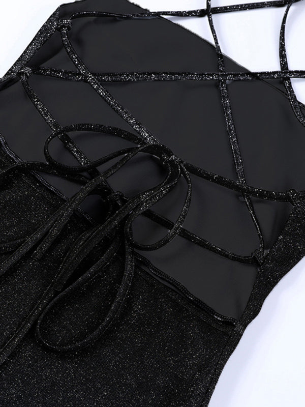 Black glittery dress with crisscross straps detail
