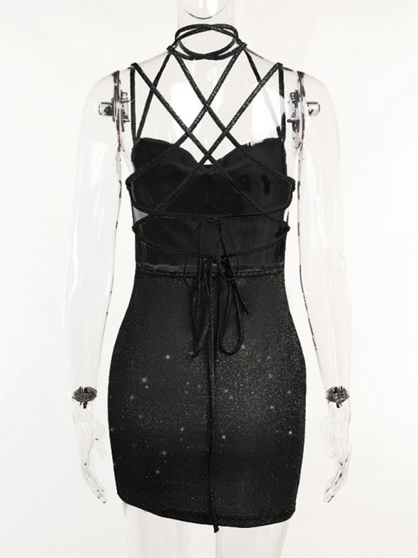 Back view of black glittery dress with crisscross straps